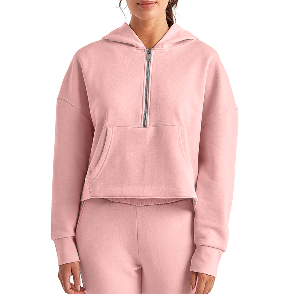 Women's Half Zip Cropped Hoodie - Defiance - Print on Back - light pink