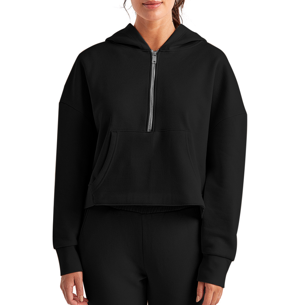 Women's Half Zip Cropped Hoodie - Defiance - Print on Back - black