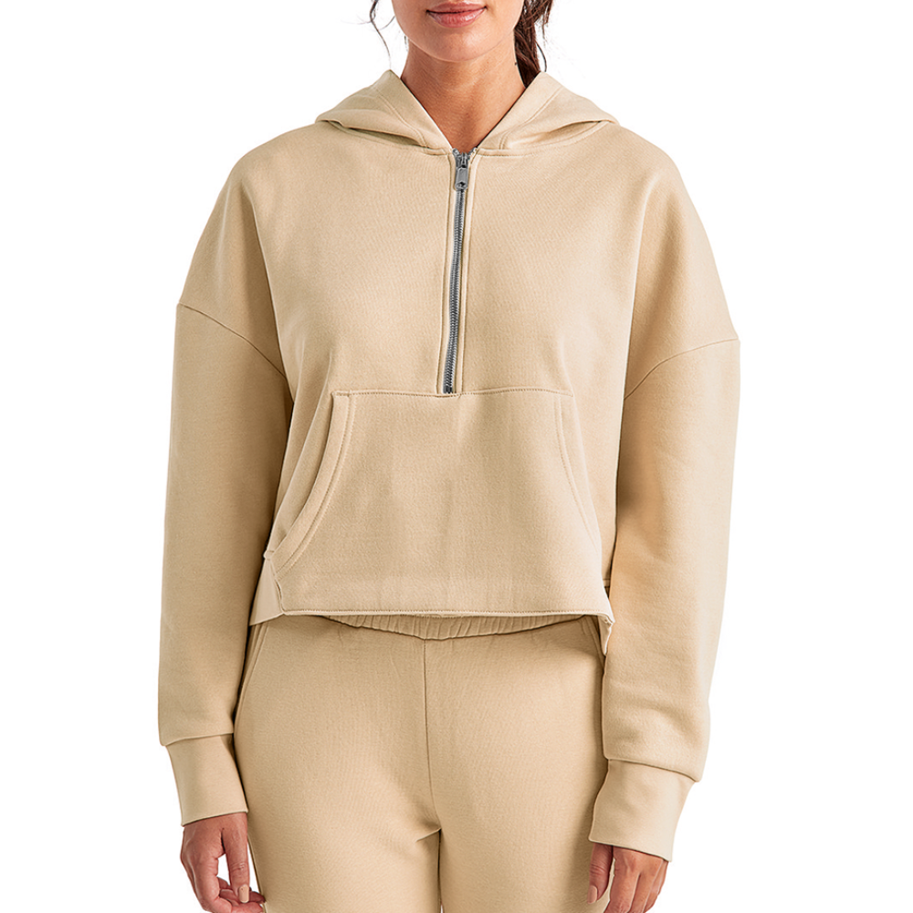 Women's Half Zip Cropped Hoodie - Defiance - Print on Back - nude